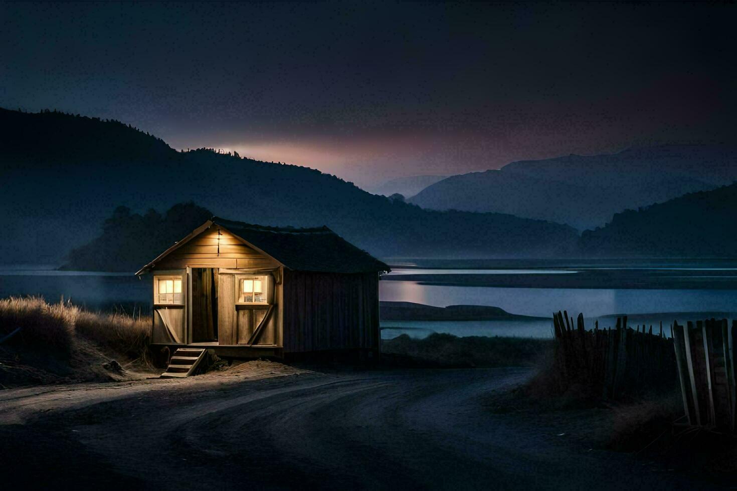 uma pequeno cabine senta em a lado do uma estrada às noite. gerado por IA foto