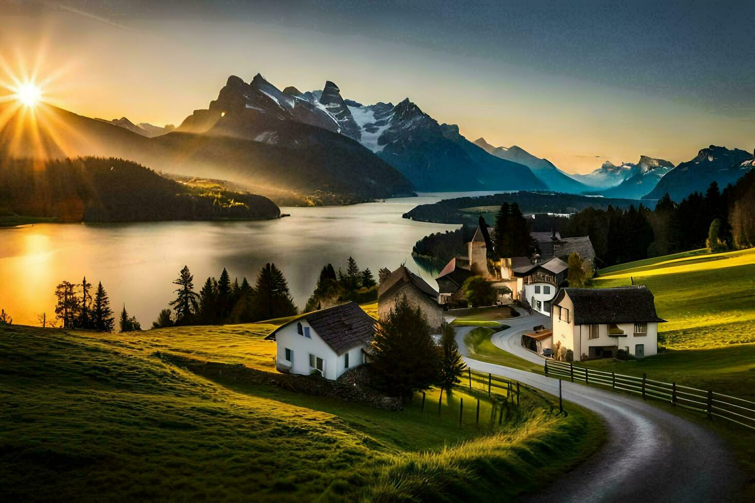 a Sol sobe sobre uma lago e montanha faixa. gerado por IA foto