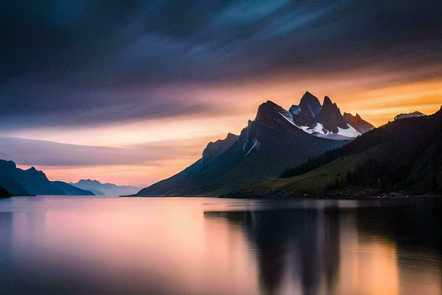 uma lindo pôr do sol sobre uma lago e montanhas. gerado por IA foto
