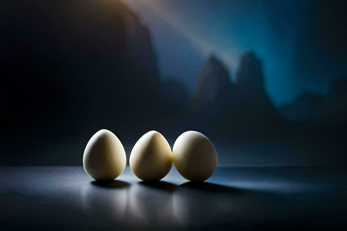 três ovos em uma mesa com uma montanha dentro a fundo. gerado por IA foto