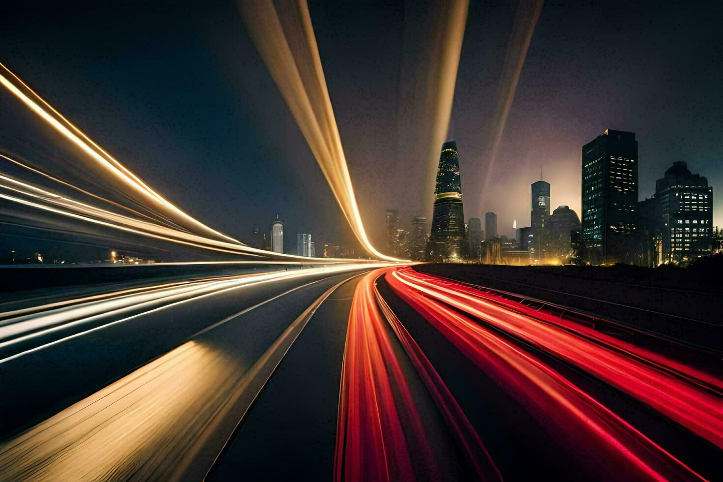 grandes exposição fotografia do cidade luzes e tráfego em autoestrada. gerado por IA foto