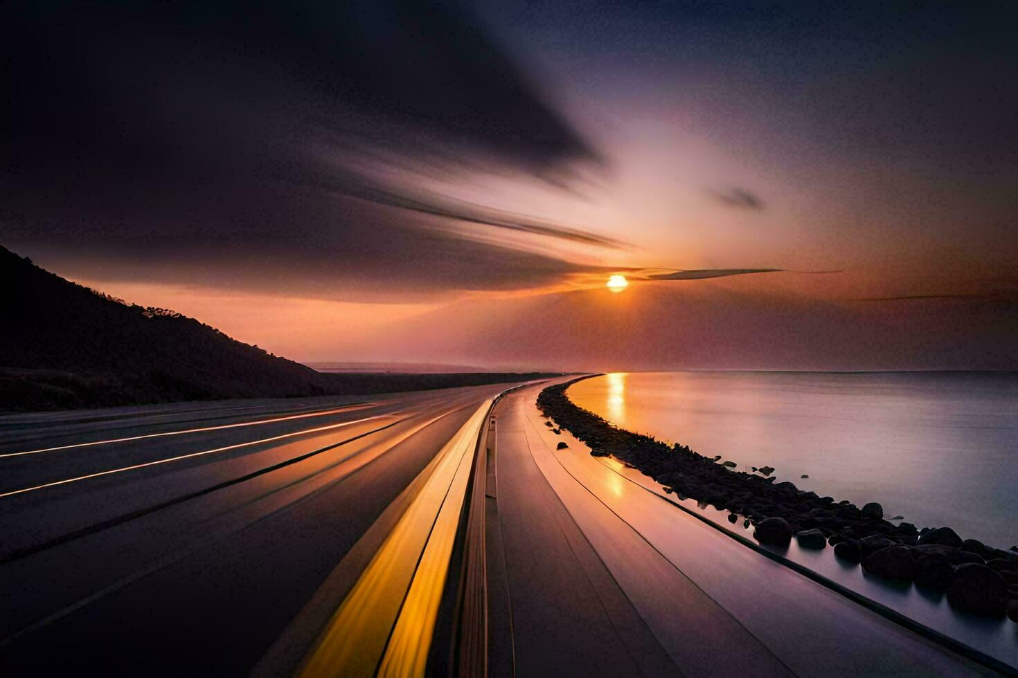 uma grandes exposição fotografia do uma estrada com a Sol configuração sobre a oceano. gerado por IA foto