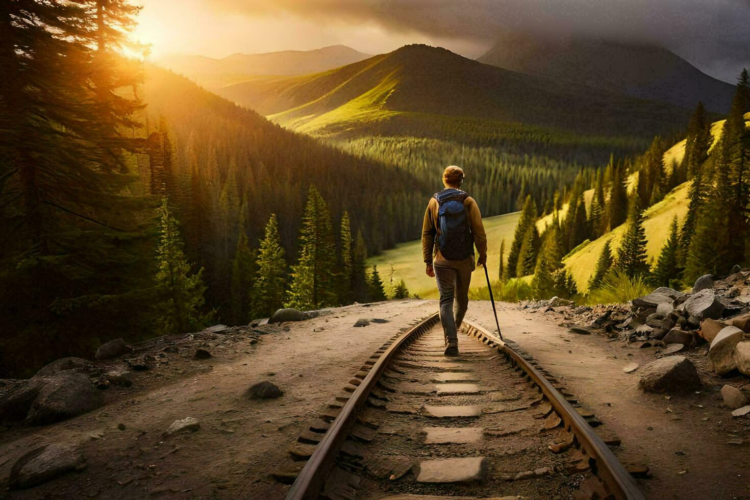 uma pessoa caminhando em Ferrovia faixas dentro a montanhas. gerado por IA foto