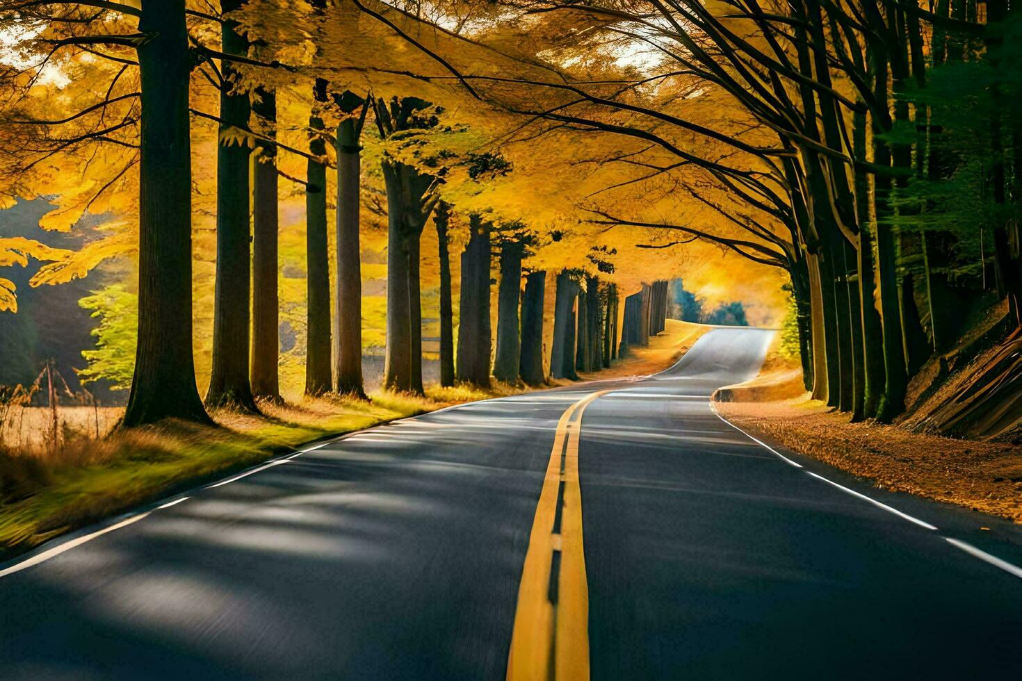 uma estrada forrado com árvores dentro a cair. gerado por IA foto