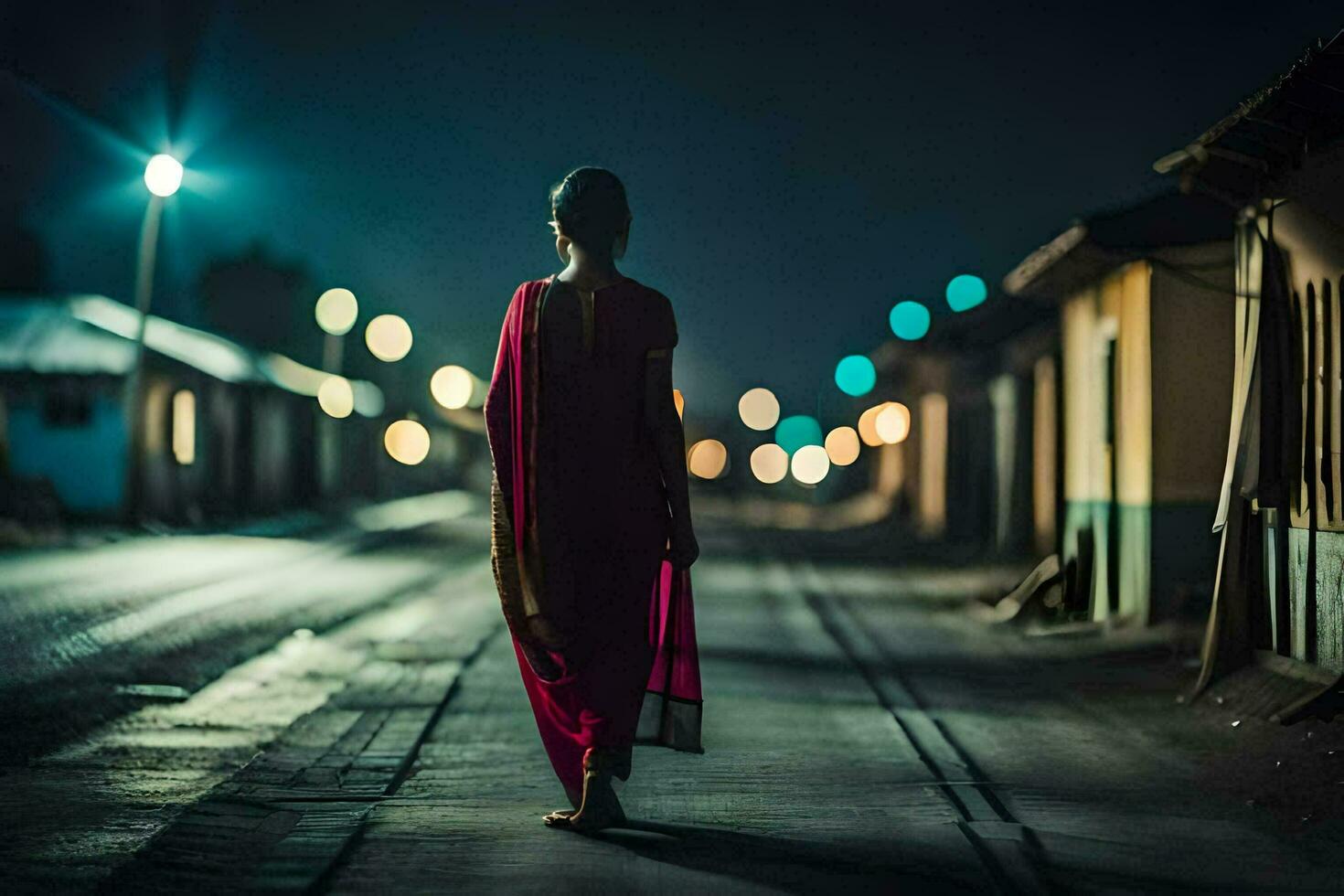 uma mulher dentro uma vermelho sari anda em baixa uma rua às noite. gerado por IA foto