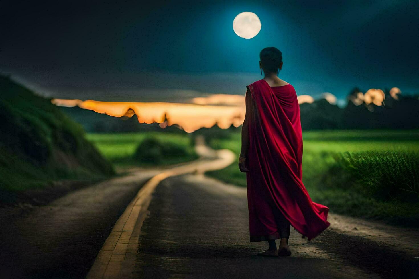 uma monge dentro vermelho vestes caminhando baixa uma estrada às noite. gerado por IA foto