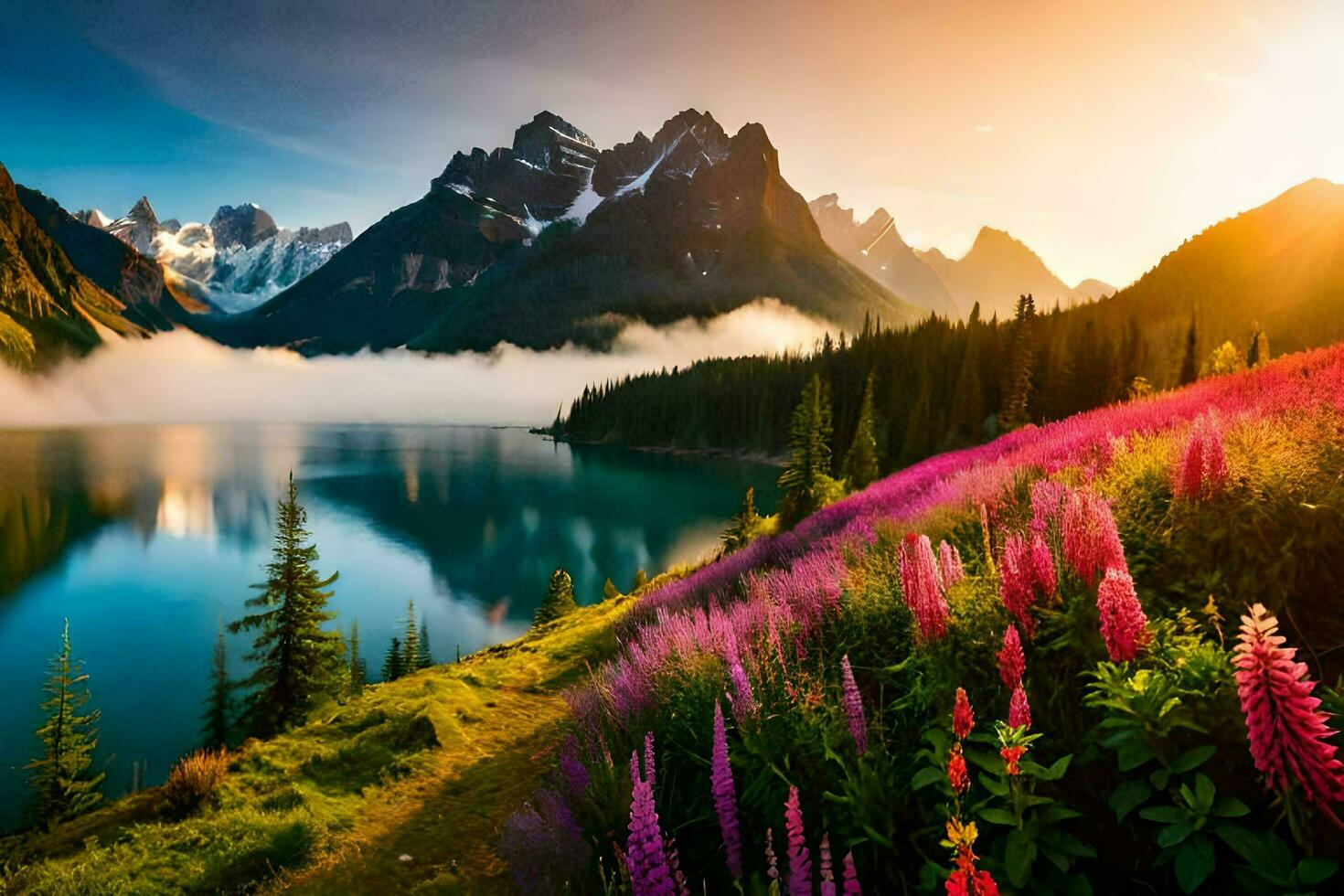 lindo flores e montanhas dentro a manhã. gerado por IA foto