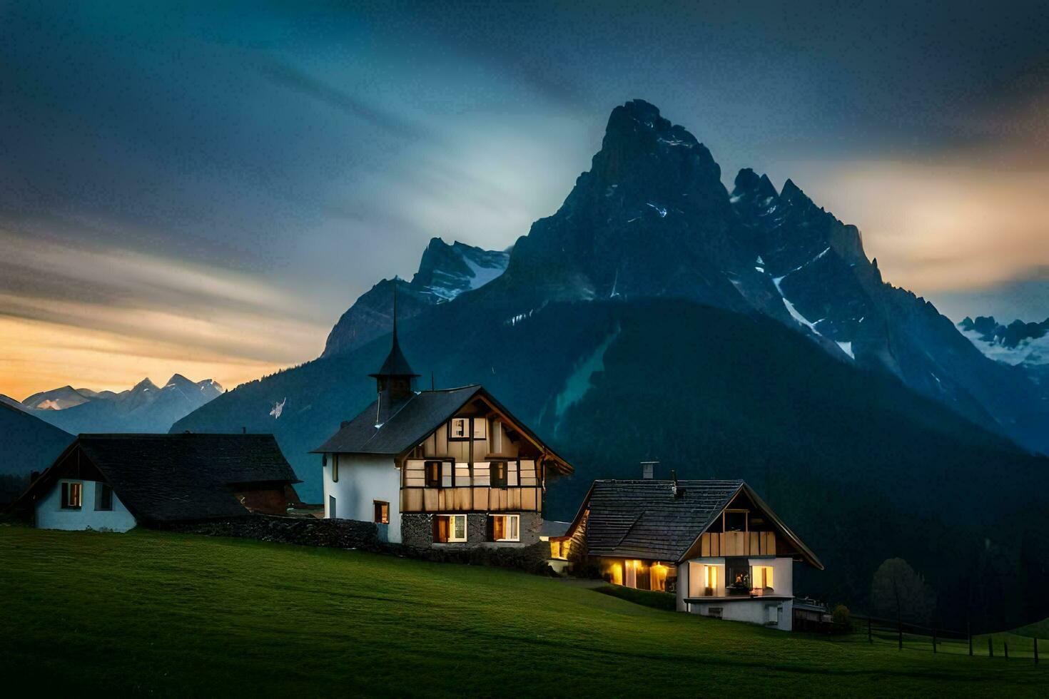 foto papel de parede a céu, montanhas, casa, a casa, a montanhas, a casa, o. gerado por IA