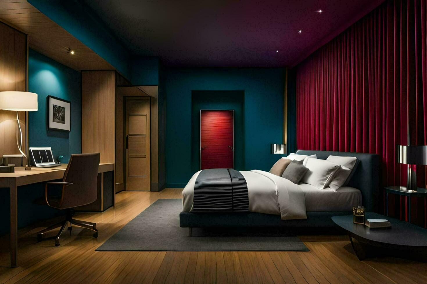 uma moderno quarto com azul paredes e vermelho cortinas. gerado por IA foto