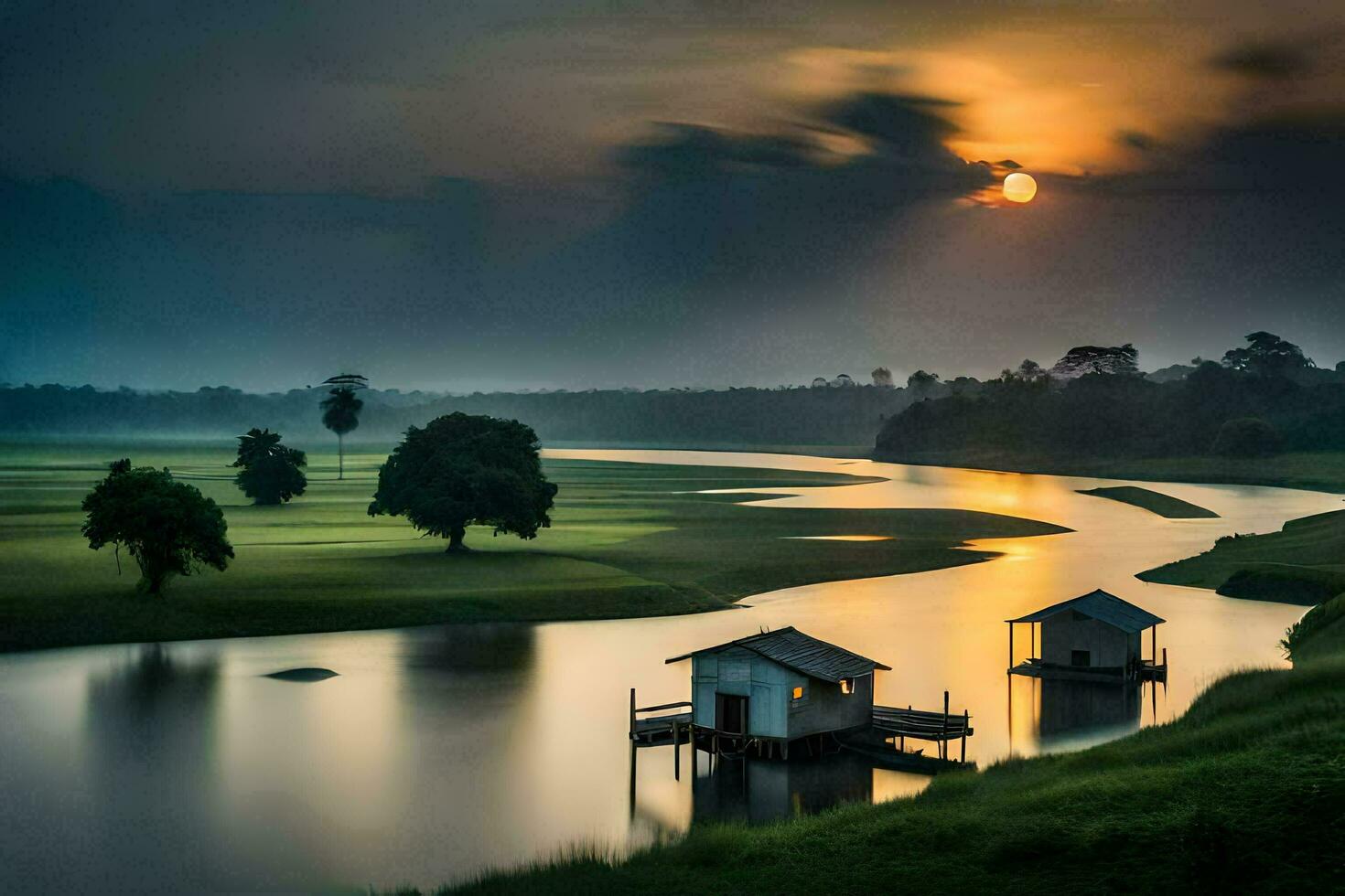 uma lindo pôr do sol sobre uma rio e dois pequeno casas. gerado por IA foto