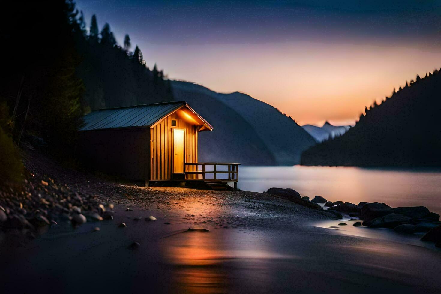 uma pequeno cabine senta em a costa do uma lago às pôr do sol. gerado por IA foto