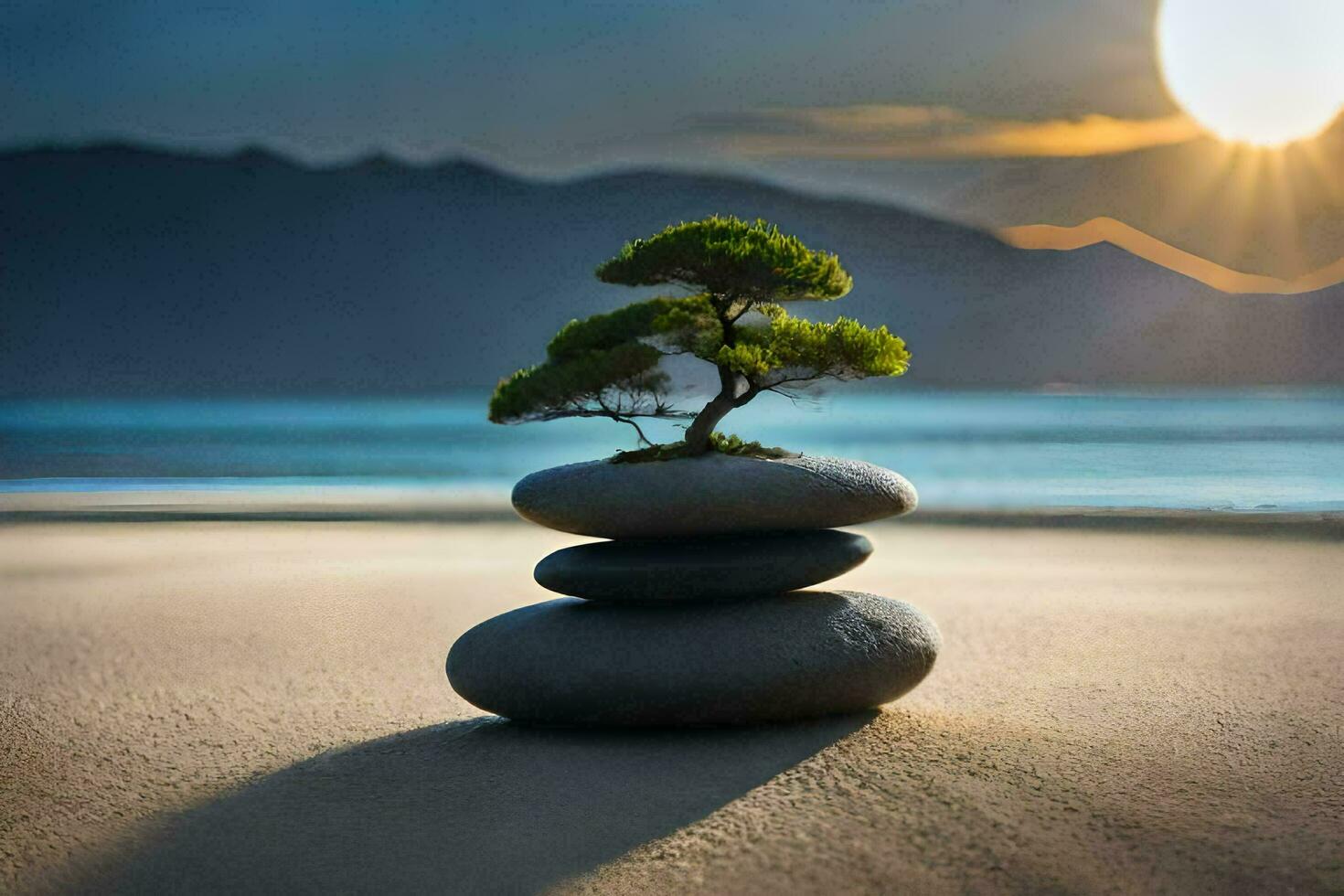 uma bonsai árvore senta em topo do pedras dentro a areia. gerado por IA foto