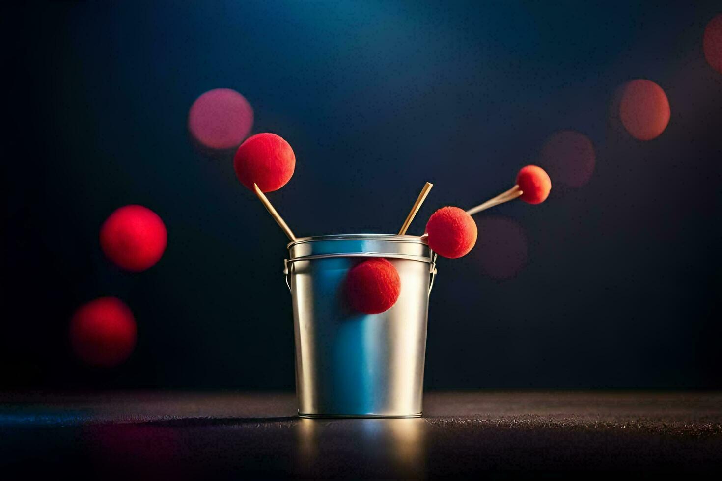 uma balde com vermelho bolas e palitos de dente. gerado por IA foto