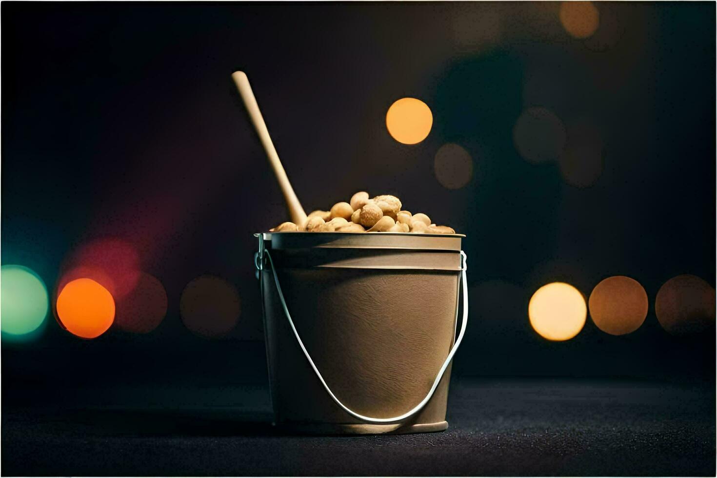 uma balde preenchidas com amendoim e uma de madeira grudar. gerado por IA foto