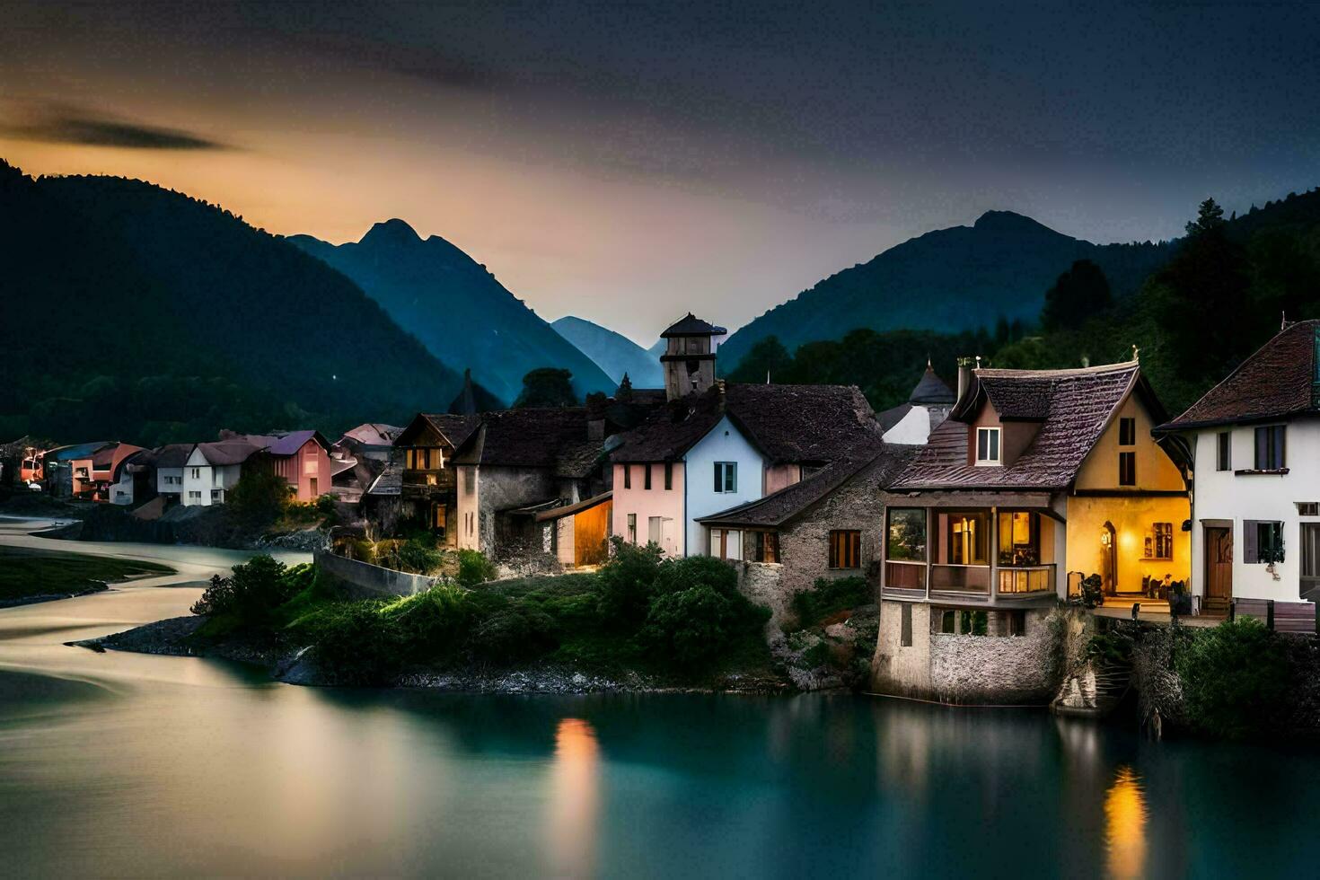 foto papel de parede a céu, montanhas, rio, casas, a noite, a rio, a Vila. gerado por IA