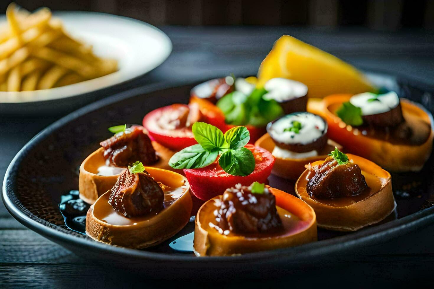 uma prato do aperitivos com carne e legumes. gerado por IA foto