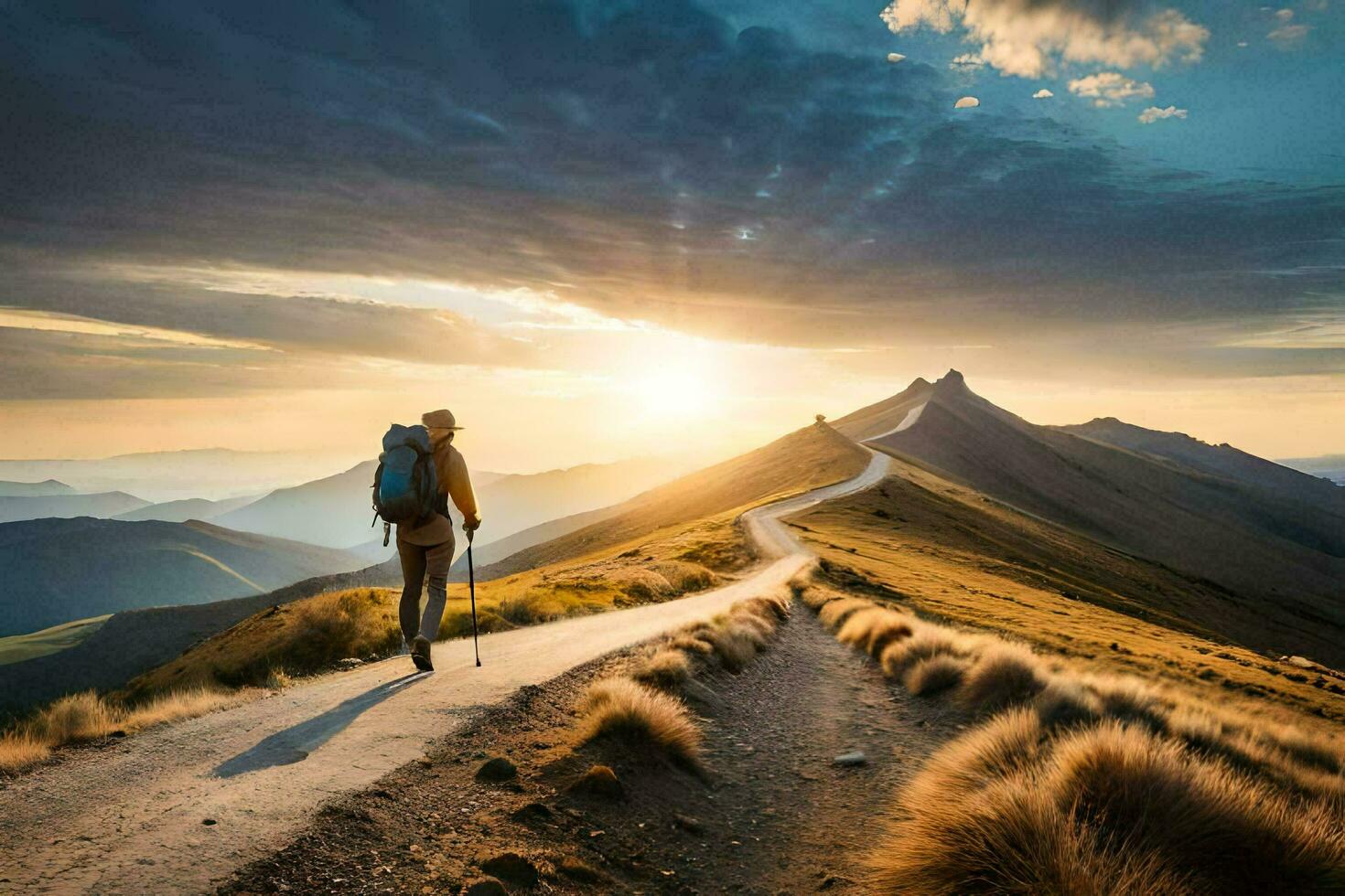 uma homem com uma mochila caminhando em uma caminho dentro a montanhas. gerado por IA foto