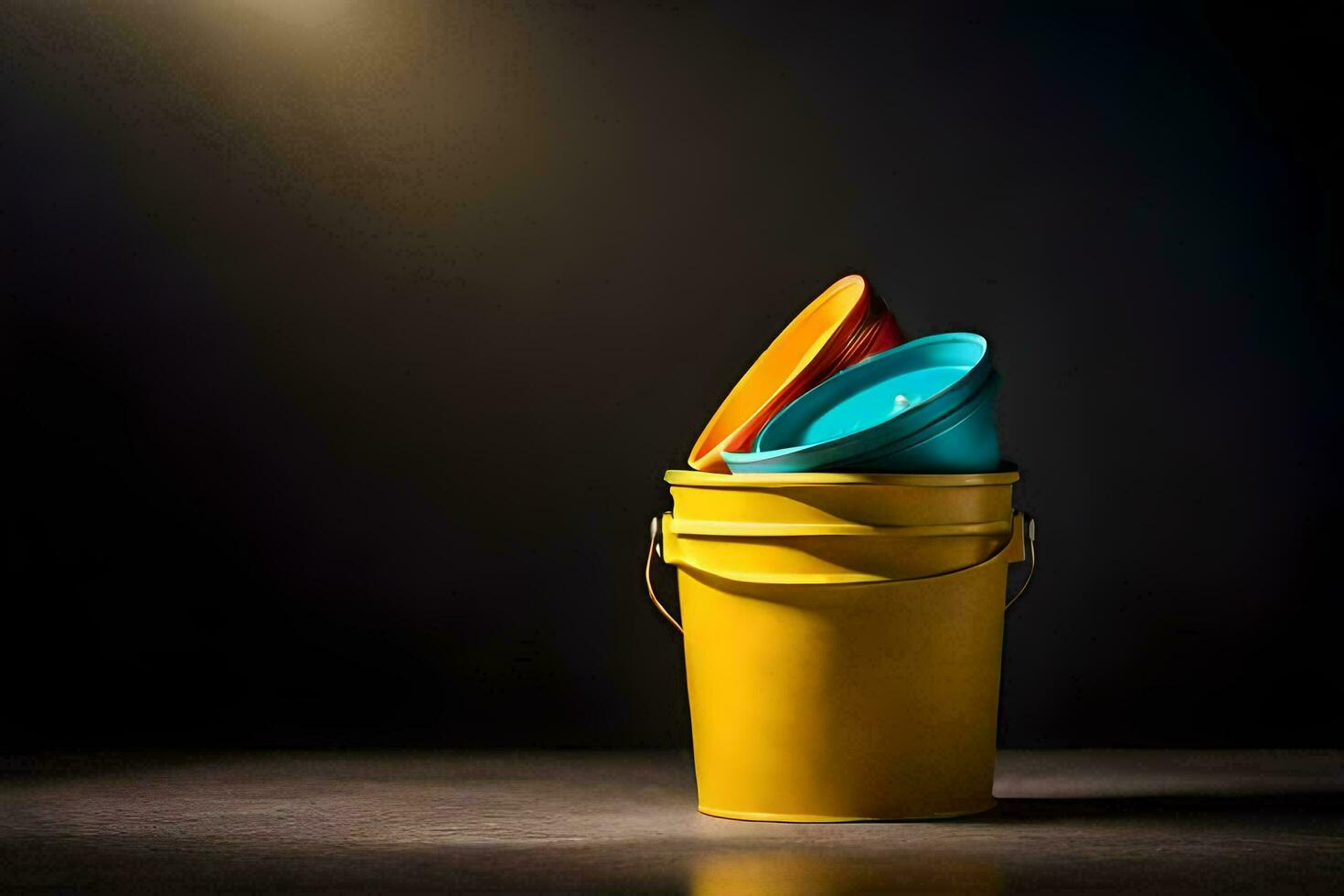 uma balde com três colorida baldes em uma Sombrio superfície. gerado por IA foto