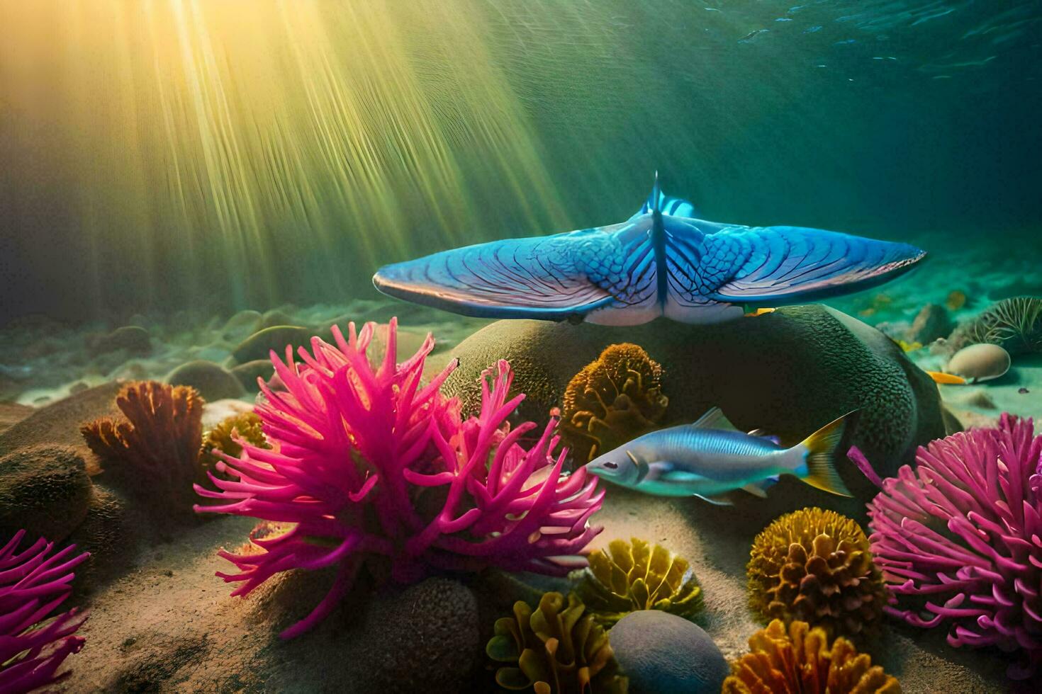 uma azul borboleta moscas sobre uma coral recife com peixe e corais. gerado por IA foto