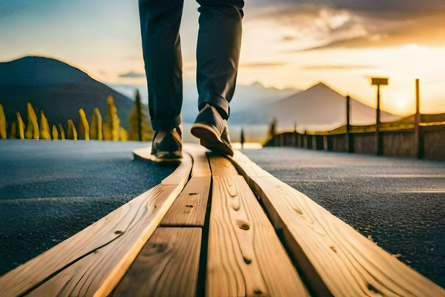 uma pessoa caminhando em uma de madeira calçadão. gerado por IA foto