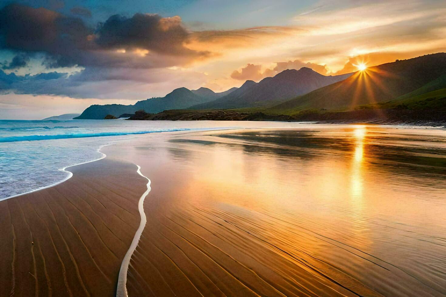 a Sol brilha em a de praia e montanhas dentro a fundo. gerado por IA foto