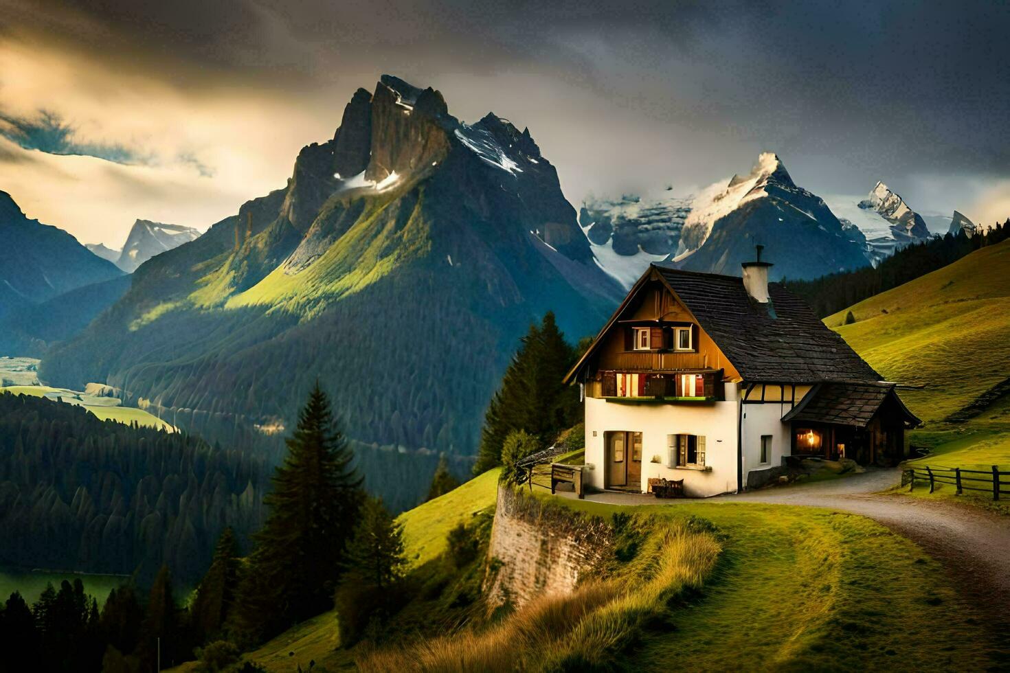 a casa dentro a montanhas. gerado por IA foto