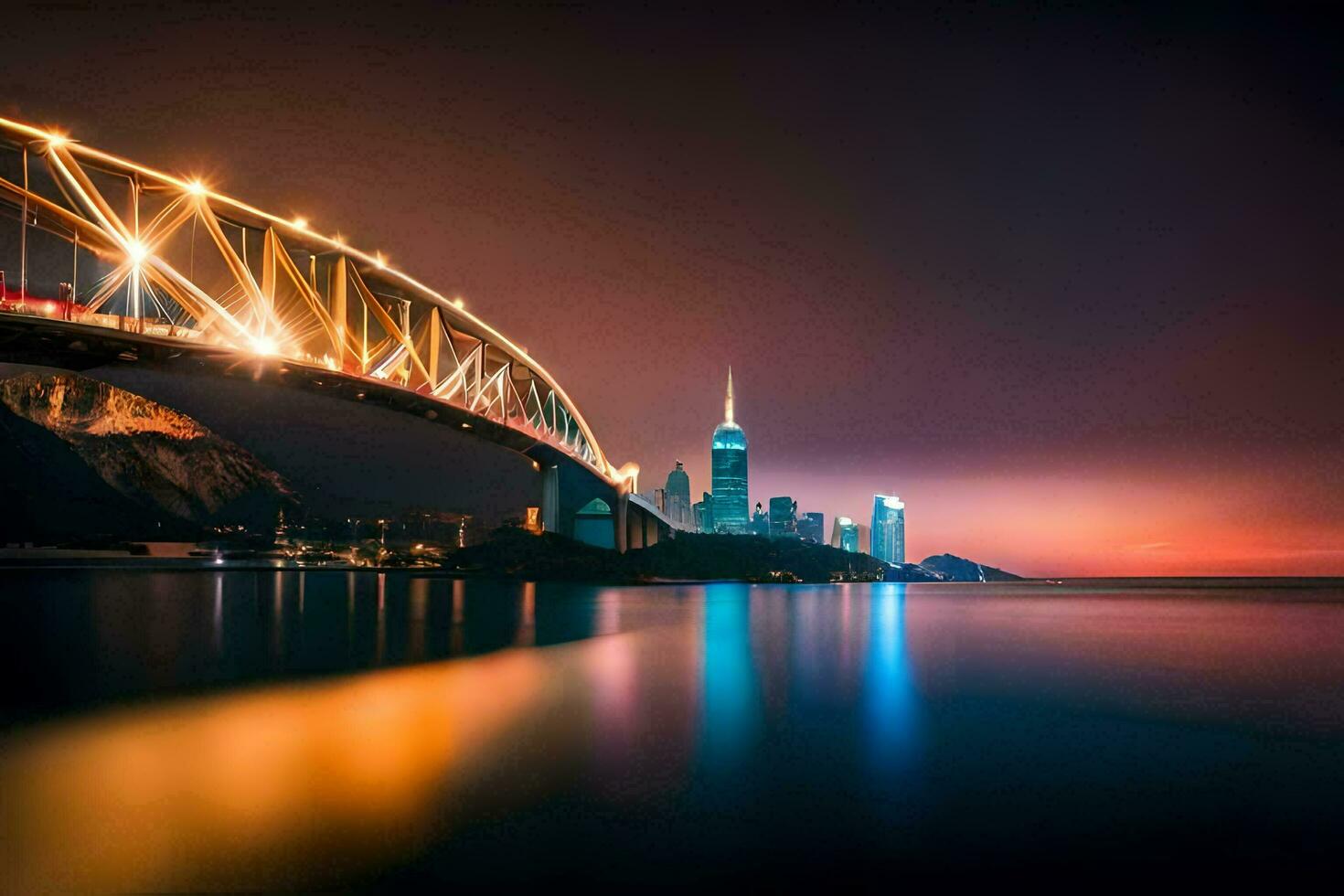 a ponte às noite com a cidade Horizonte dentro a fundo. gerado por IA foto