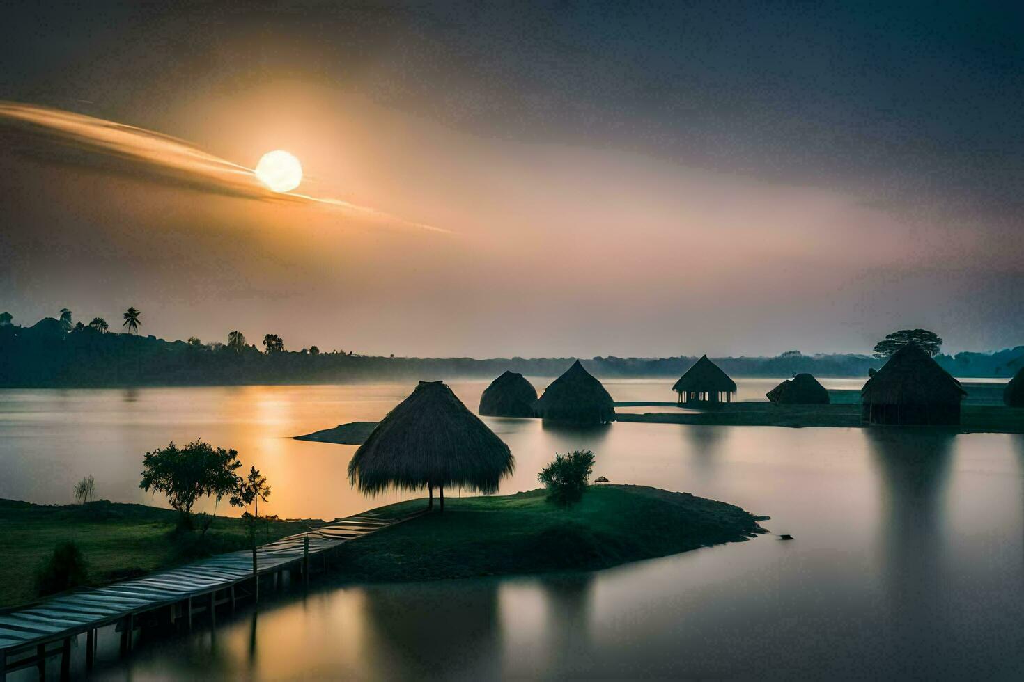 a Sol conjuntos sobre uma lago com colmo cabanas. gerado por IA foto