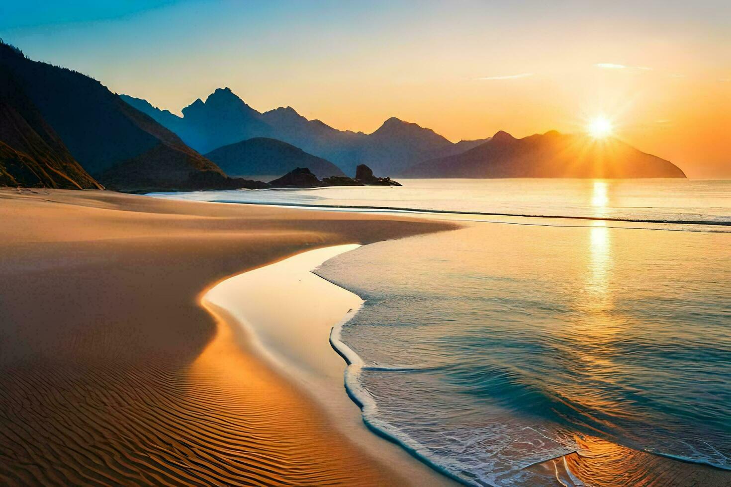 a Sol sobe sobre a oceano e montanhas dentro isto lindo de praia cena. gerado por IA foto