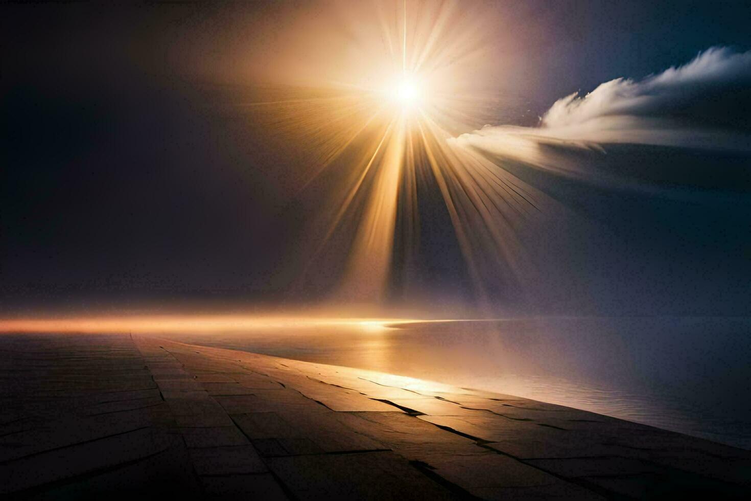 uma Sol brilha sobre uma Sombrio céu e água. gerado por IA foto