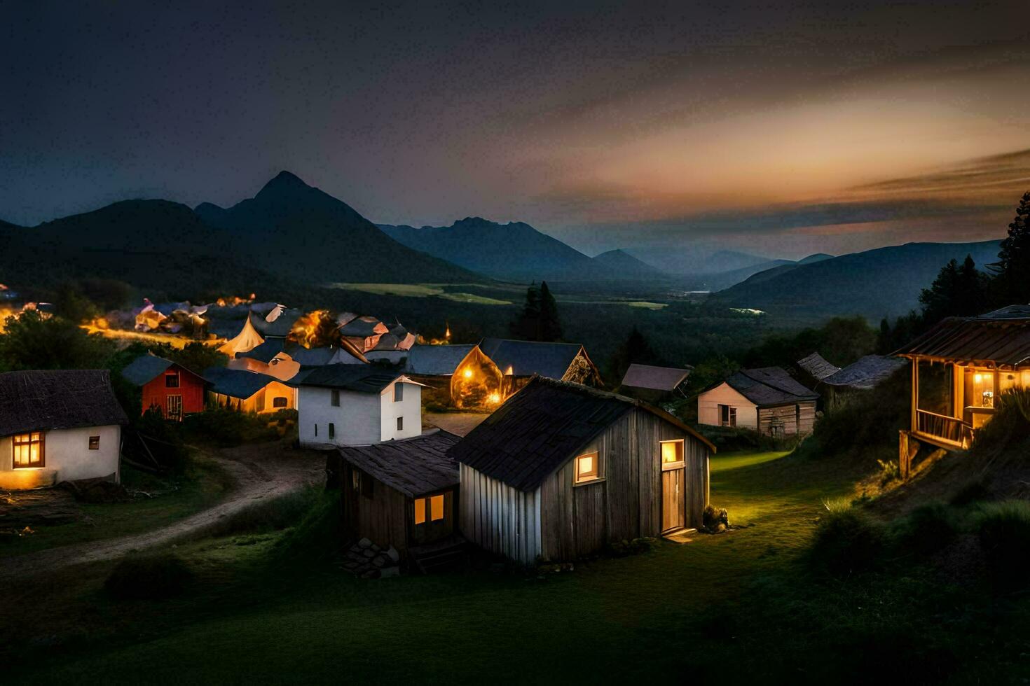 foto papel de parede a céu, montanhas, noite, Vila, casa, luz, luz, a céu. gerado por IA