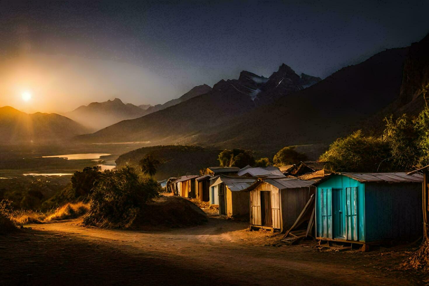 a Sol conjuntos sobre a montanhas e cabanas dentro a fundo. gerado por IA foto