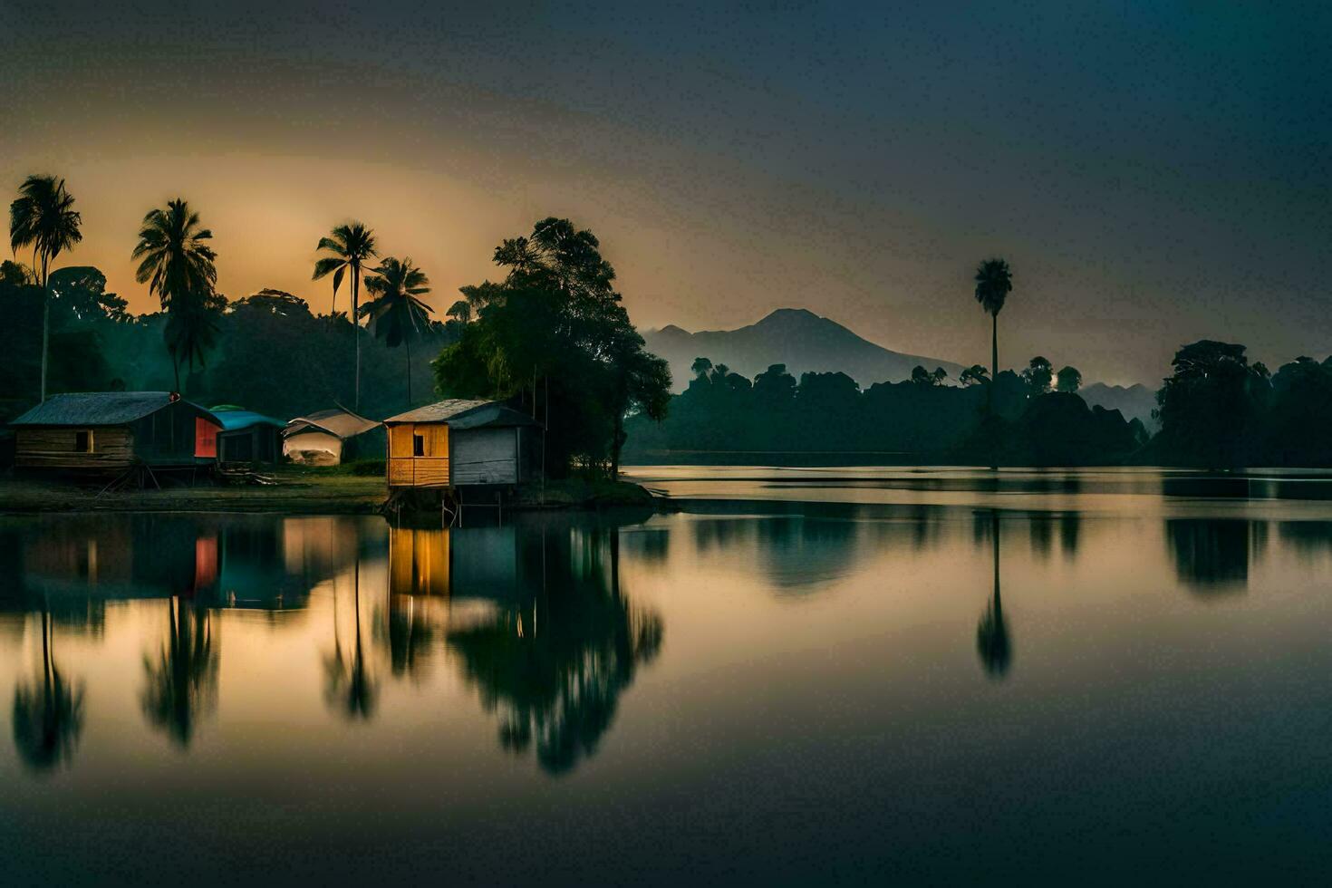 uma lago com uma pequeno casa em a costa. gerado por IA foto