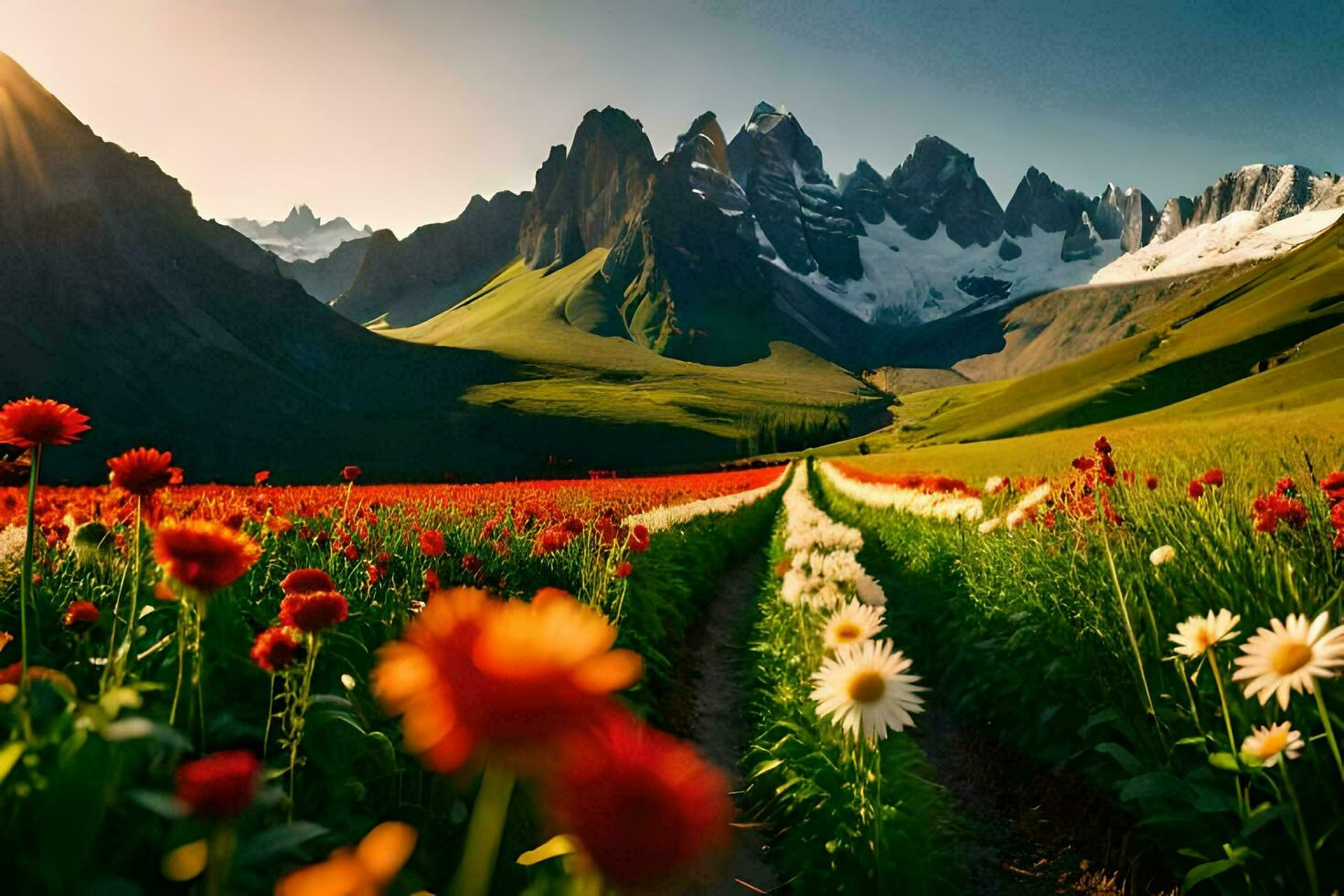 uma campo do flores e montanhas. gerado por IA foto