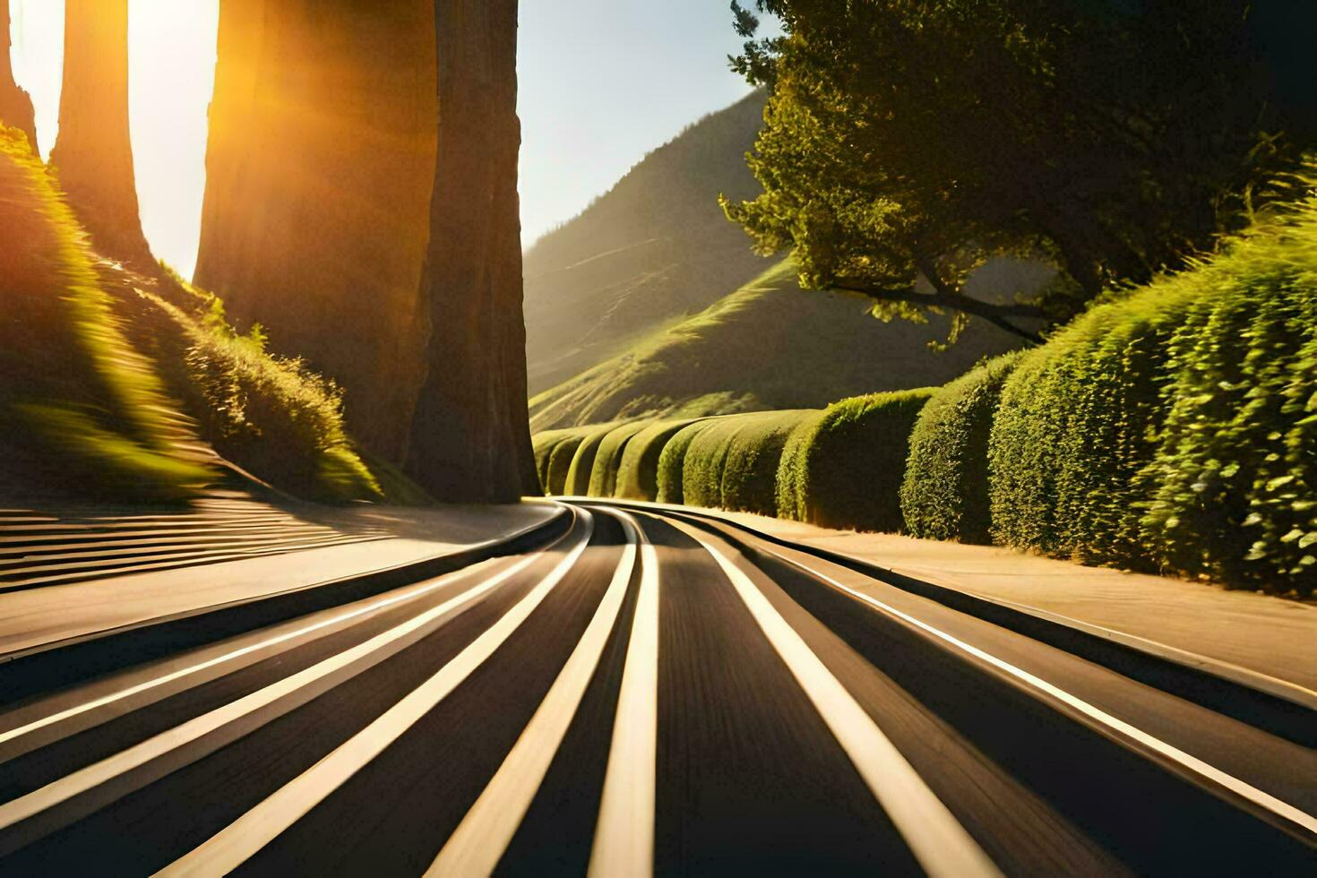 uma trem viajando baixa uma rastrear dentro a Sol. gerado por IA foto