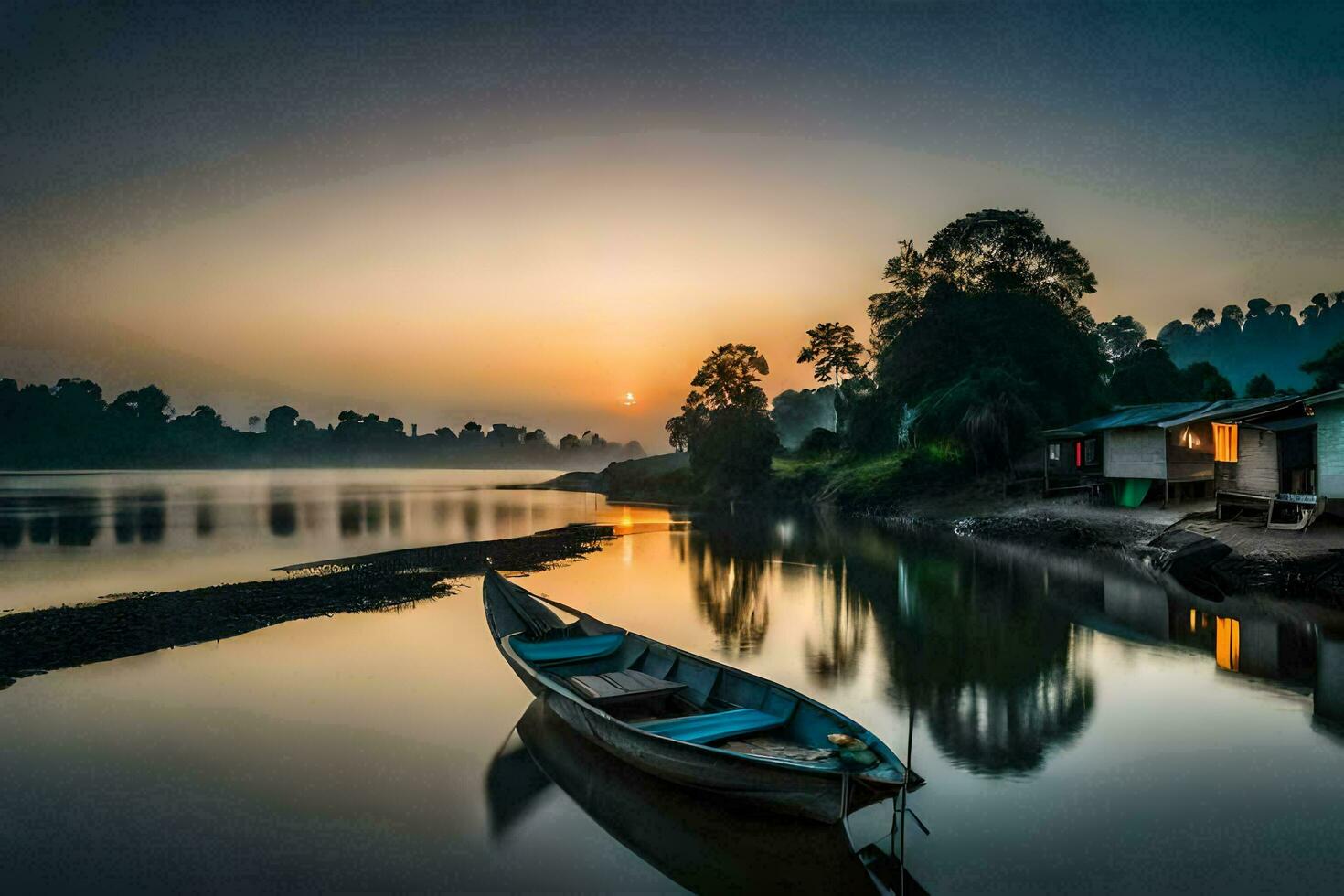 uma barco senta em a costa às pôr do sol. gerado por IA foto