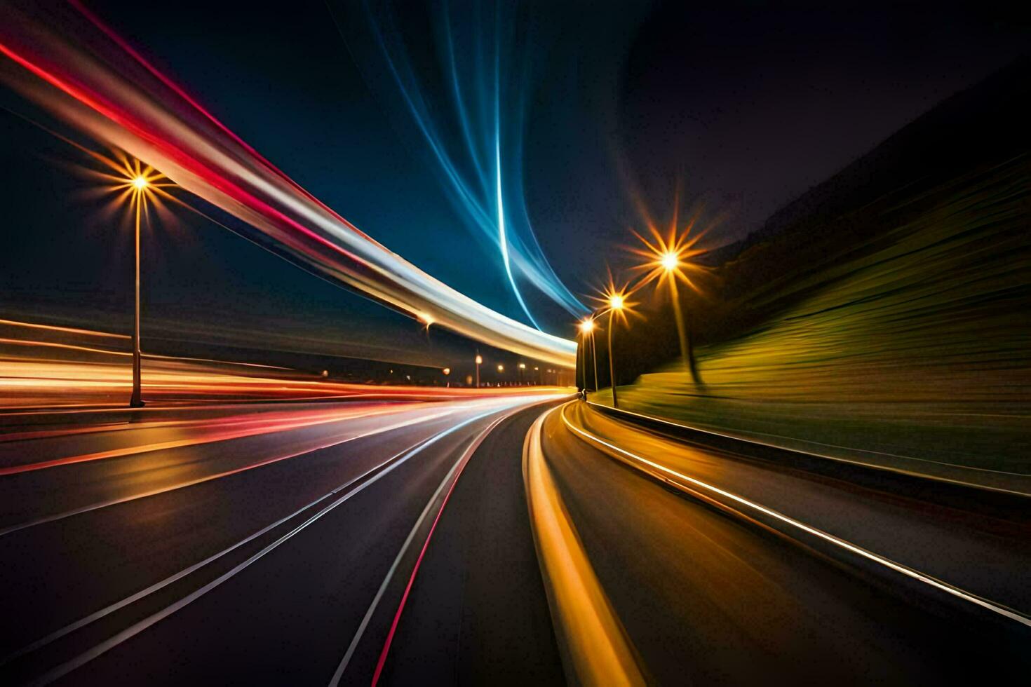 uma grandes exposição fotografia do uma rodovia às noite. gerado por IA foto