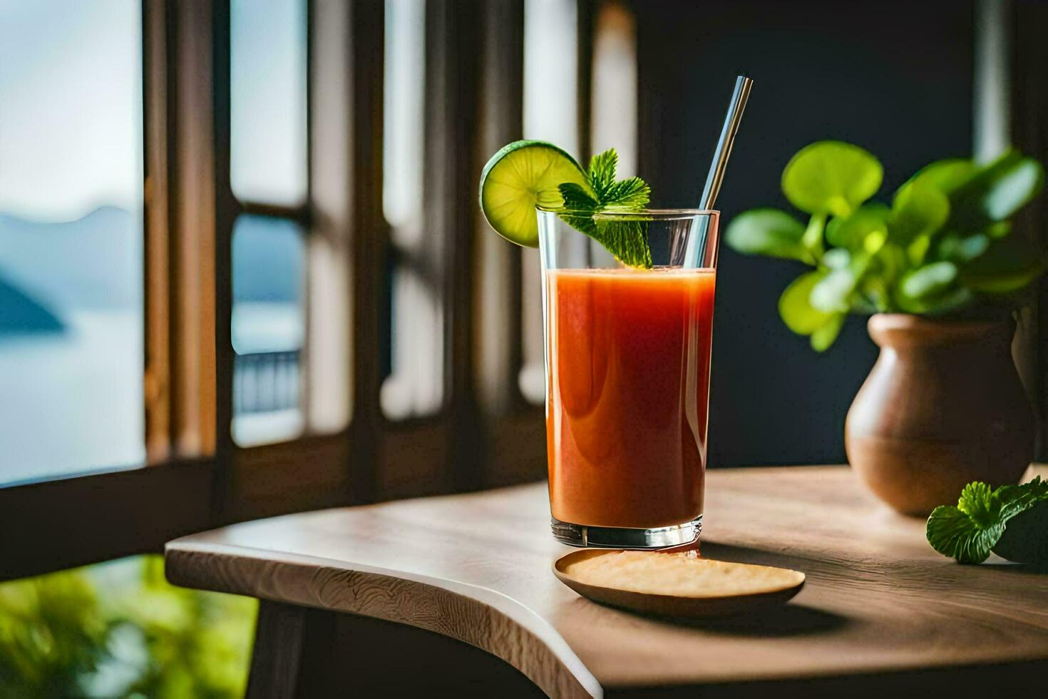 uma vidro do suco com uma fatia do Lima em topo. gerado por IA foto