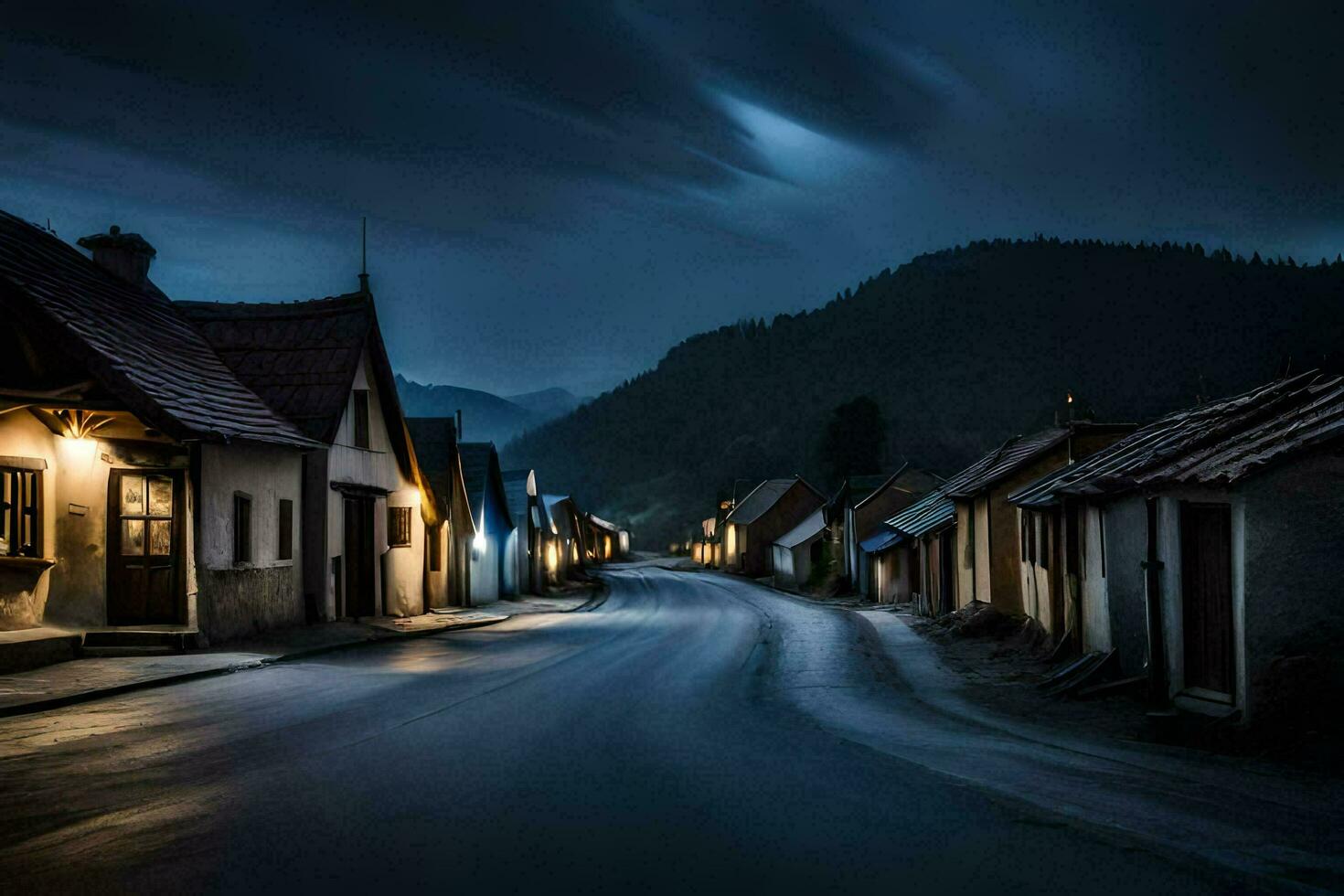 uma Sombrio rua dentro a meio do uma Vila às noite. gerado por IA foto
