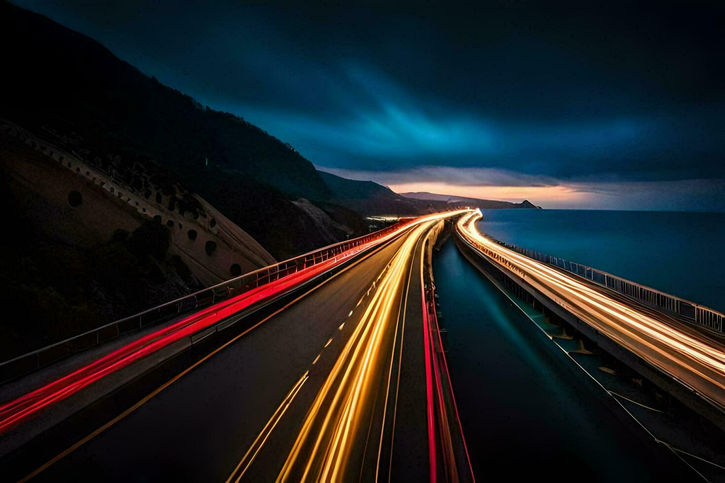 uma grandes exposição foto do uma rodovia com luz trilhas. gerado por IA