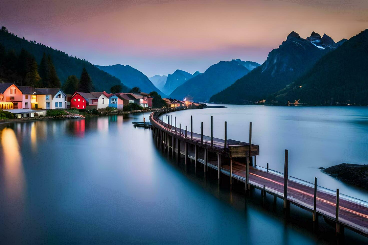 colorida casas em a água dentro a montanhas. gerado por IA foto