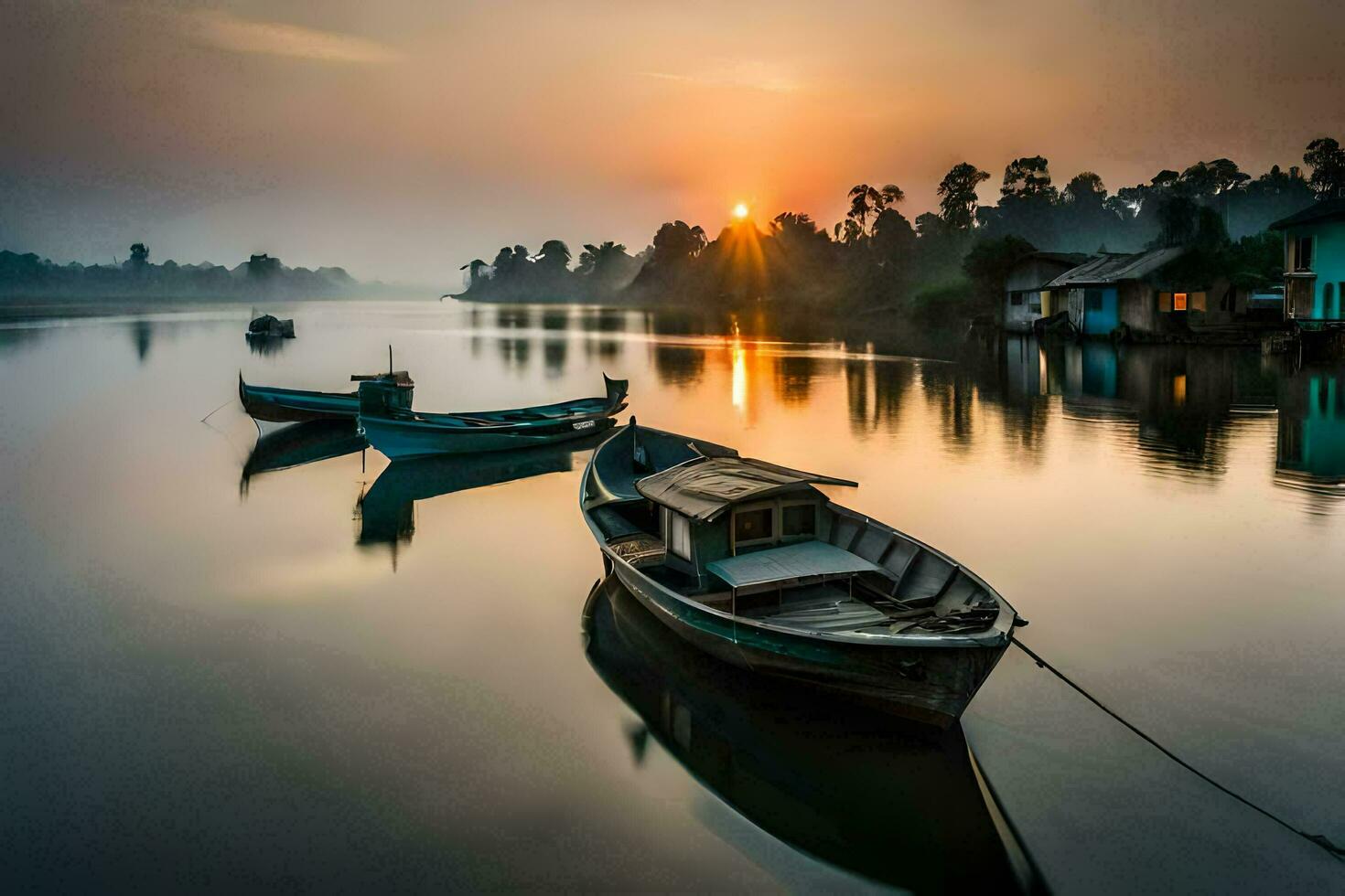barcos em a rio às nascer do sol. gerado por IA foto
