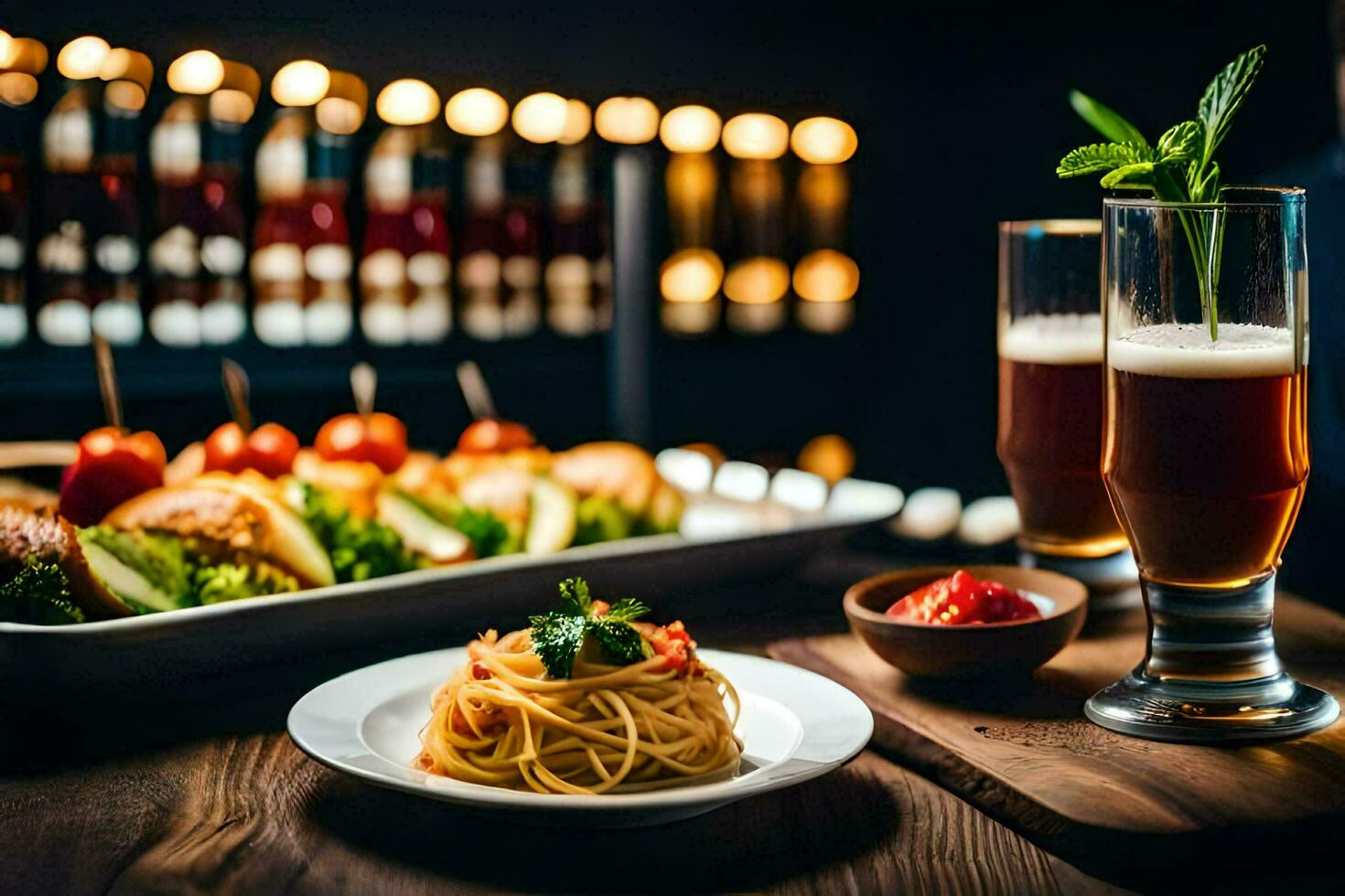 uma mesa com Comida e bebidas em isto. gerado por IA foto