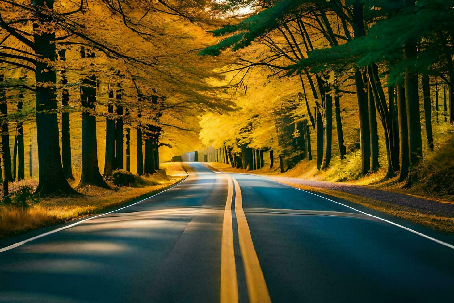 uma estrada dentro a madeiras com amarelo árvores gerado por IA foto