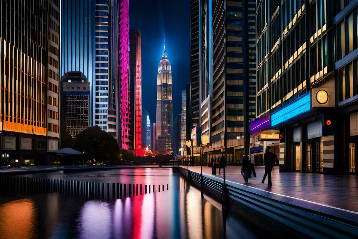 uma cidade às noite com edifícios e água. gerado por IA foto