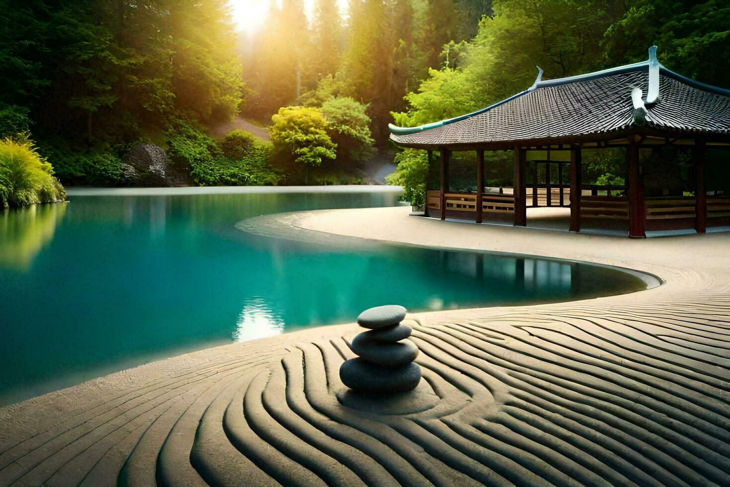 uma pagode senta em a costa do uma lago com pedras. gerado por IA foto