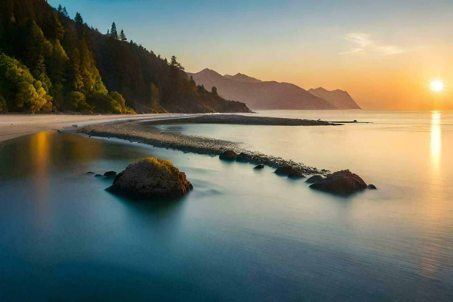 a Sol conjuntos sobre uma de praia e floresta. gerado por IA foto