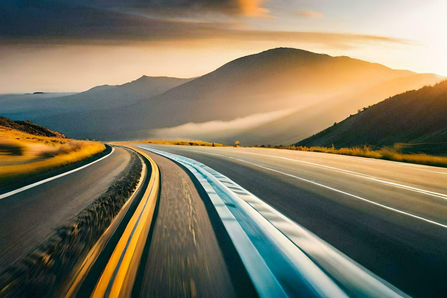 uma rodovia com uma carro dirigindo em isto. gerado por IA foto