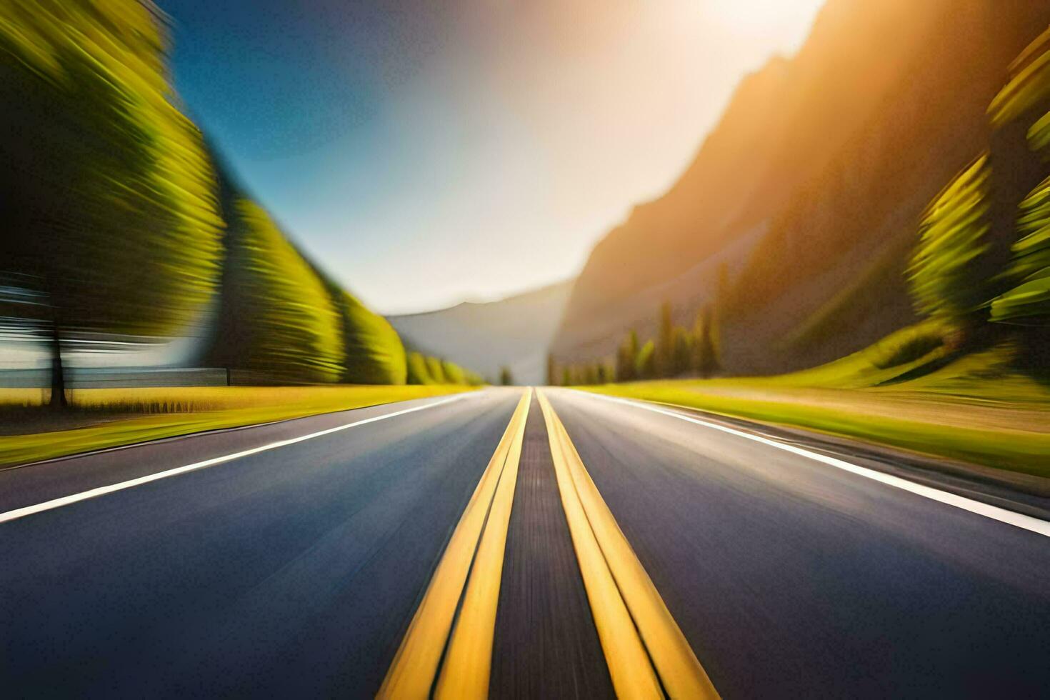 uma embaçado imagem do uma estrada com árvores e montanhas. gerado por IA foto