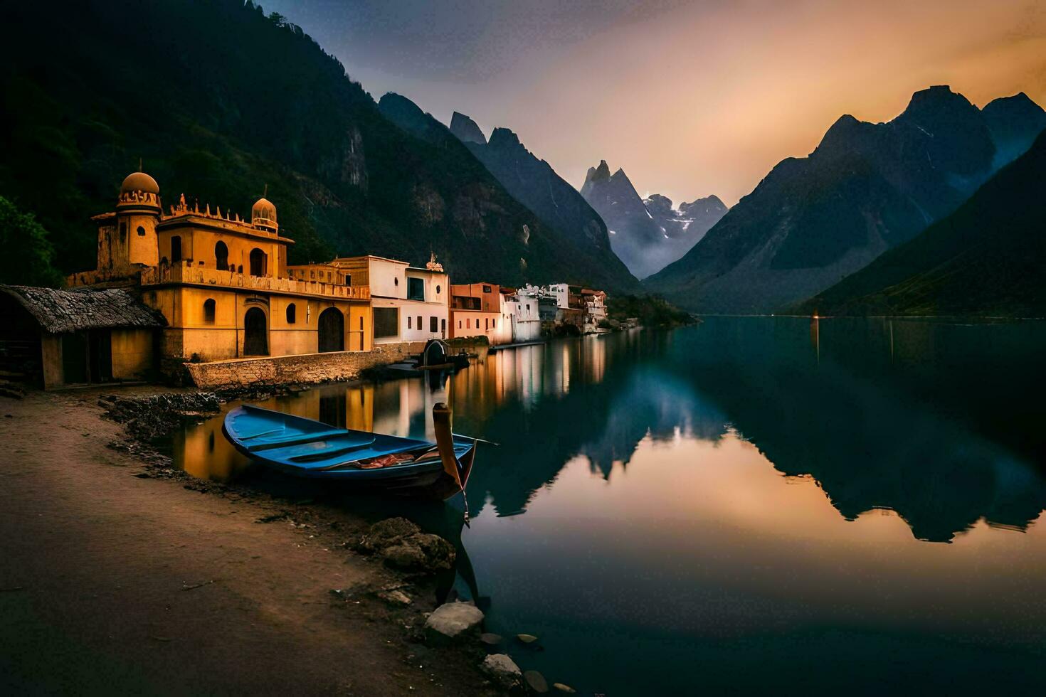 uma barco senta em a costa do uma lago às pôr do sol. gerado por IA foto